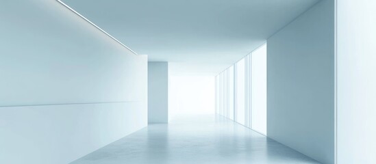 Minimalist white interior with large windows and glossy floor, perspective view with copy space