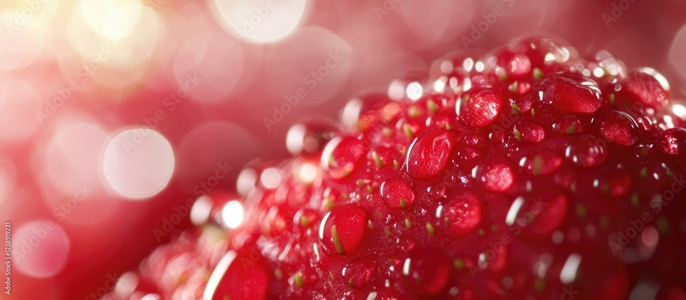 Poster close-up of fresh raspberry with water droplets and blurred bokeh background