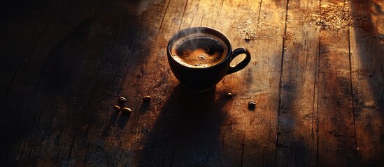 Steaming coffee cup on rustic wooden table with scattered coffee beans and dramatic lighting
