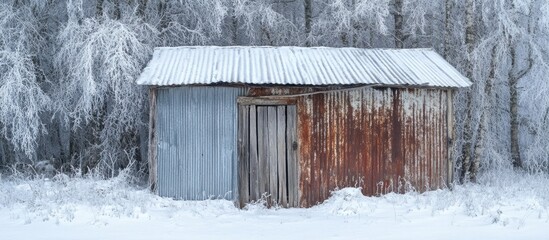 Rustic wooden shed in a snowy forest landscape with frosted trees