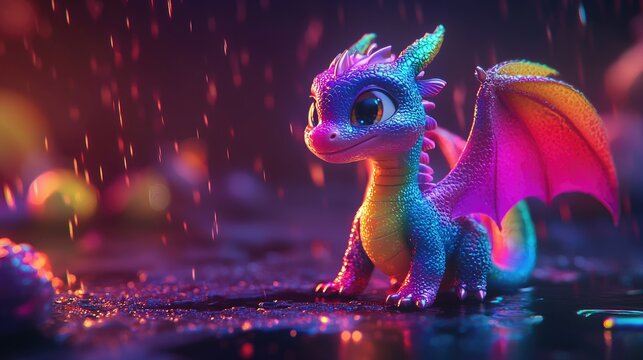 cute rainbow dragon sits in the rain at night. Magical and vibrant colors