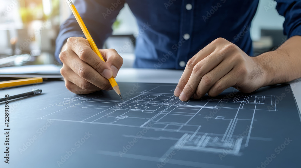 Poster creating architectural plans with pencil on blueprint, showcasing design skills and attention to det