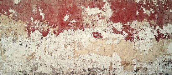 Weathered red and white textured peeling wall surface with rustic aged appearance and subtle color variations