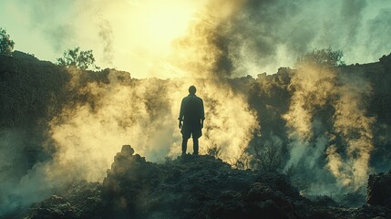 Solitary Figure Amidst Smoky Volcanic Landscape