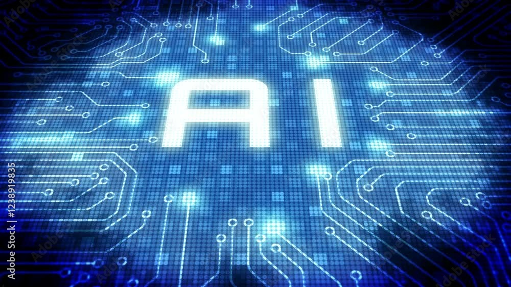 Poster Technology AI on circuit board microprocessor. Futuristic artificial intelligence big data processing on blue 4K motion background.