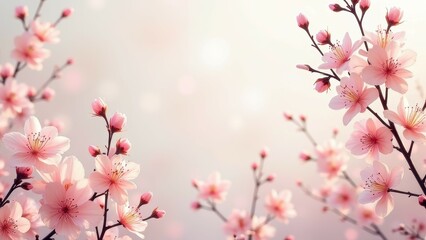 Blossoming pink cherry blossom branches against soft pastel background