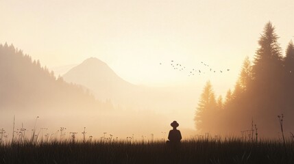 Person meditating sunrise mountain landscape, peaceful dawn