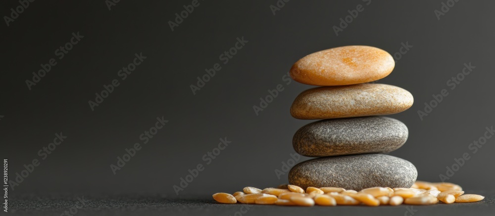 Aufkleber stacked smooth stones on seeds against a dark background with copy space on the left side