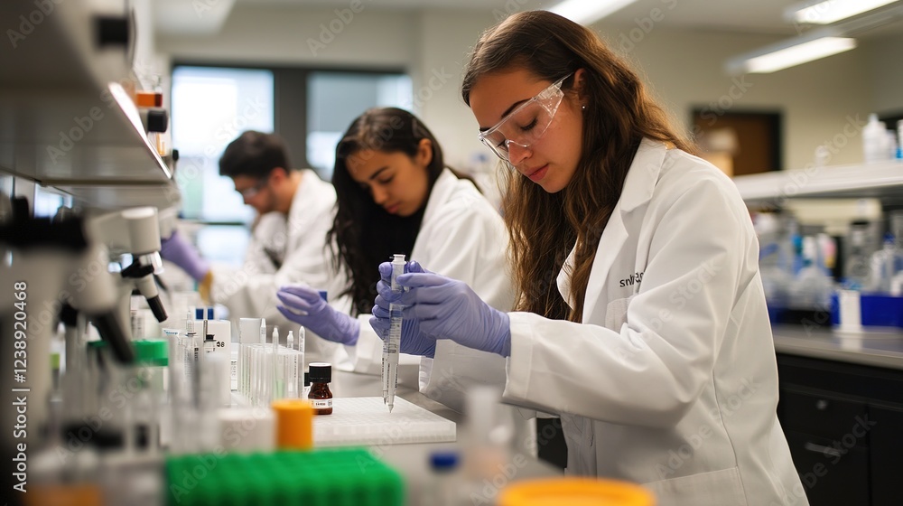 Poster scientists working with advanced composites in a high-tech materials lab.