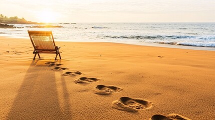 quiet sunrise with a lone beach chair and footprints in the sand, as the sun begins to rise over the calm ocean Sunset.Sunrise over a beach 