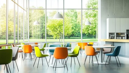 A modern office break room with large windows, green grass outside the window