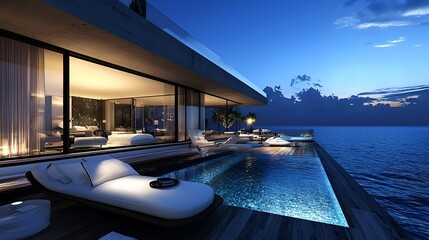 Fototapeta premium Oceanfront luxury villa, twilight poolside relaxation, design visualization, real estate marketing
