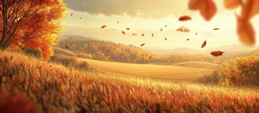 Autumn Landscape with Falling Leaves and Rolling Hills at Sunset