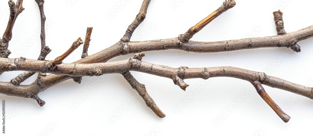 Poster dry tree branches arranged on white background with copy space