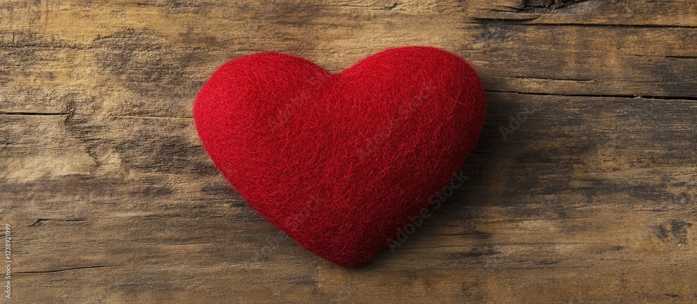 Poster red felt heart on rustic wooden background with texture and copy space.
