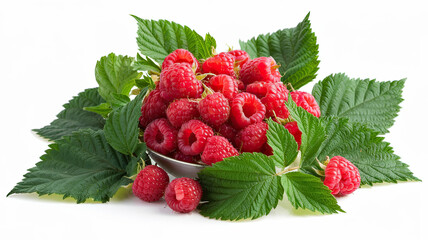 Ripe Raspberries with Fresh Green Leaf Isolated on a White Background