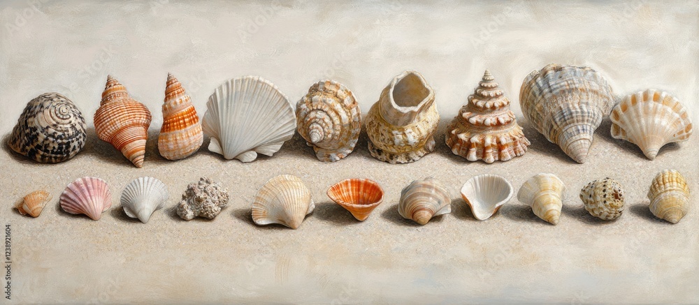 Poster various seashells arranged in a line on neutral background