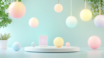 A serene, pastel-themed scene featuring hanging spheres and a minimalistic display, complemented by greenery and soft lighting.