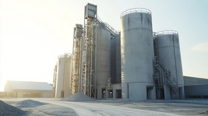 A large cement production plant with huge silos.