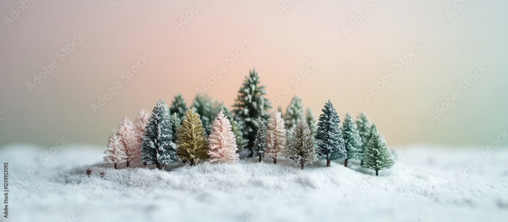 Poster miniature snowy pine trees on a small hill with gradient background and copy space
