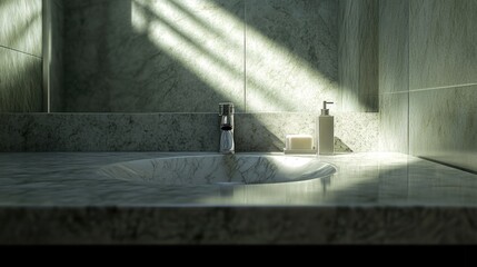 Bathroom sink with marble countertop and natural light falling on soap dispenser.