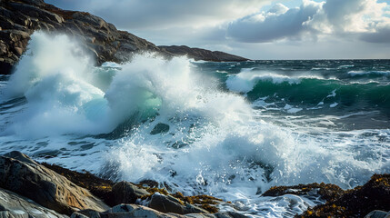 The ocean is rough and the waves are crashing against the rocks.