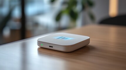 White Square Device on Wooden Tabletop