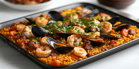 vibrant seafood paella featuring shrimp, mussels, and saffron rice, garnished with fresh herbs