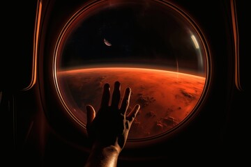 Mars landscape seen through spaceship window illuminator with astronaut hand touching the glass. Concept of extraterrestrial journey space exploration, conveys sense of otherworldly beauty and wonder