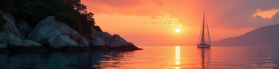 Obraz premium Catalan sailboat at sunset near a rocky coastline, cruise, pine