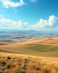 Obraz premium a vast, rolling landscape of hills and fields stretching towards distant mountains under a bright blue sky with scattered clouds