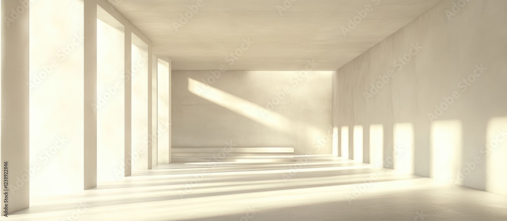 Poster minimalist empty room with sunlight streaming through large windows and casting shadows