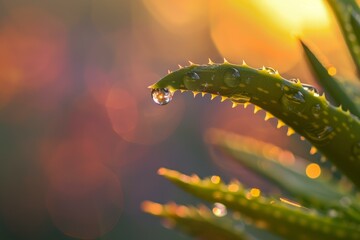 Fototapeta premium Macro image of a single water droplet hanging from an aloe vera plant, glistening in the golden light of sunset