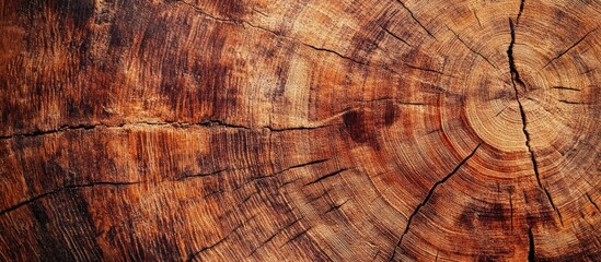 Fototapeta premium Close-up of tree trunk cross-section showing growth rings and cracks