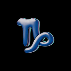 Capricorn zodiac sign glossy metallic 3D effect, shiny metal alloy horoscope, vector astrological symbol blue glare
