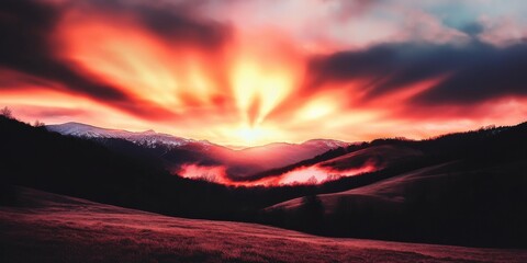 Fototapeta premium Rolling hills at sunrise elevated viewpoint vibrant landscape nature dramatic lighting