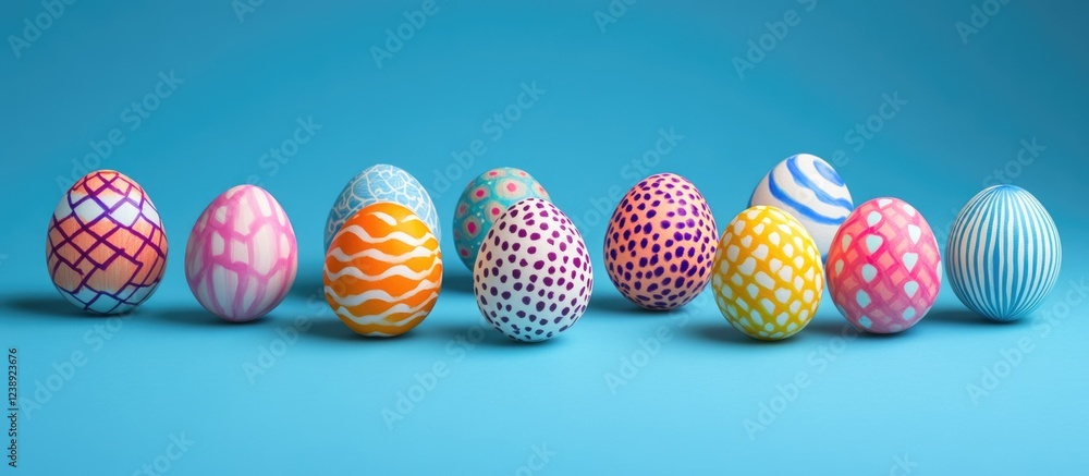 Poster colorful easter eggs with various patterns arranged on a blue background