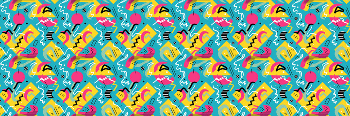  Seamless pattern with geometric shapes in the style. Multicolored vintage background with triangles, circles and squares for textile, fabric and Sudanese fabric art.