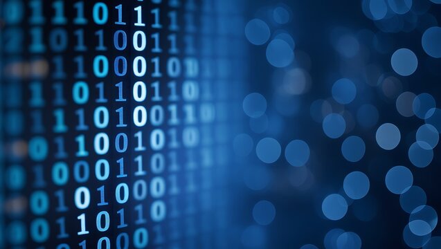 Closeup Blue Digital Binary Data with Bokeh &ndash; Technology and Coding Background, copy space backgrounds, coding, binary code


