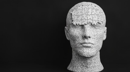 A monochromatic sculpture of a human head made from puzzle pieces, symbolizing complexity and the search for understanding.
