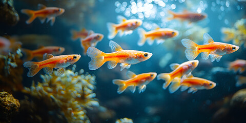 Vibrant school of guppies swimming in clear water, showcasing colorful tails and lively movement