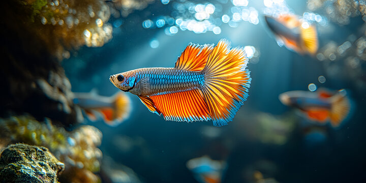school of guppies with vibrant tails swimming gracefully in clear water