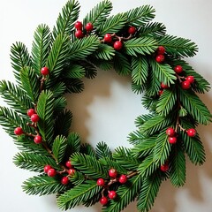 Evergreen branches intertwined with red berries, evergreen branches, wreath, seasonal decor