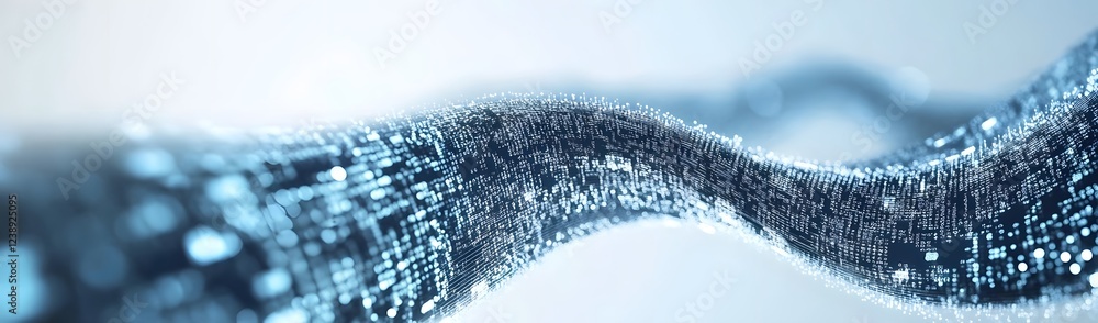 Poster abstract digital wave with glowing particles flowing through a futuristic space, representing techno
