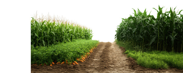 Vibrant Agricultural Field with Rows of Corn and Carrots at Dusk