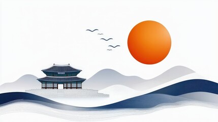 Naklejka premium Traditional Asian Architecture with Sunset and Mountains in a Minimalistic Design