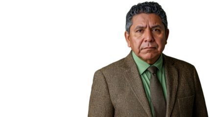 Serious hispanic professor posing on transparent background
