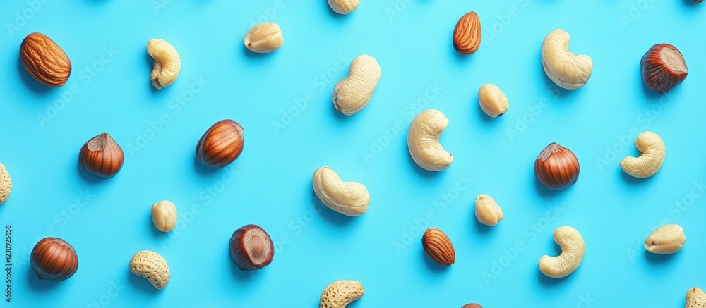 Poster assorted mixed nuts on blue background with copy space