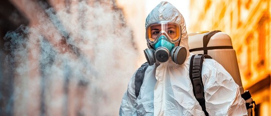A sanitation worker in full protective gear disinfecting a school playground, with glowing mist particles dispersing under the midday sun. The image highlights efforts to ensure public safety 