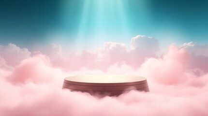 Floating futuristic platform in pink cloudscape with glowing beams of light and surreal atmosphere